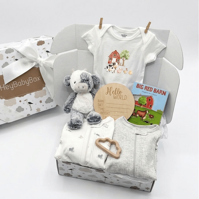 A baby gift box set on a white background, featuring a white bodysuit with a red barn graphic, a plush gray and white sheep, a folded white and gray outfit, a small wooden heart-shaped teething ring, and a 'Big Red Barn' card. The open box is next to its branded HelloBabyBox packaging box.