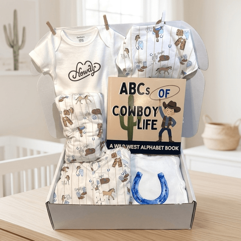 Baby gift set with clothes and book on a table in a nursery
