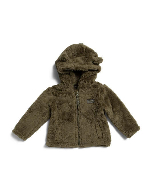 Cozy olive green baby fleece jacket with hood, perfect for outdoor adventures and extra warmth.