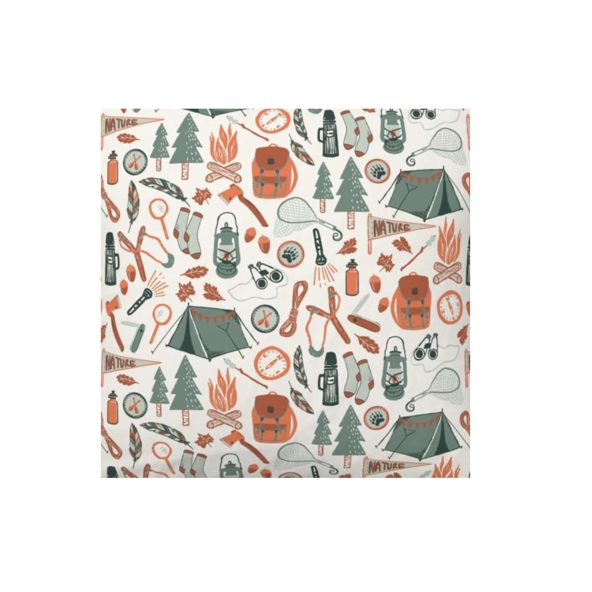 Colorful camping themed pattern featuring tents, backpacks, nature symbols, and outdoor gear.