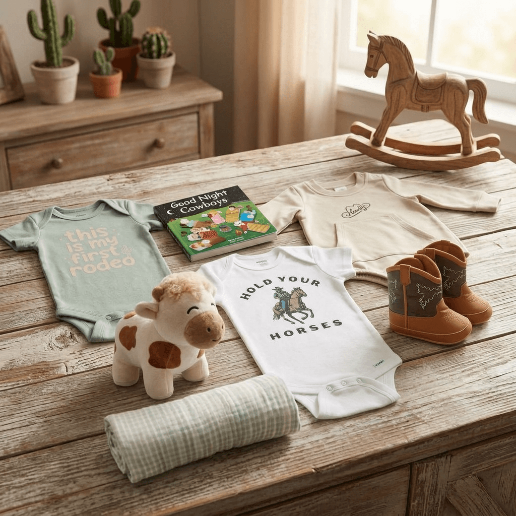 Collection of baby items including onesies, a book, and boots on a wooden surface.