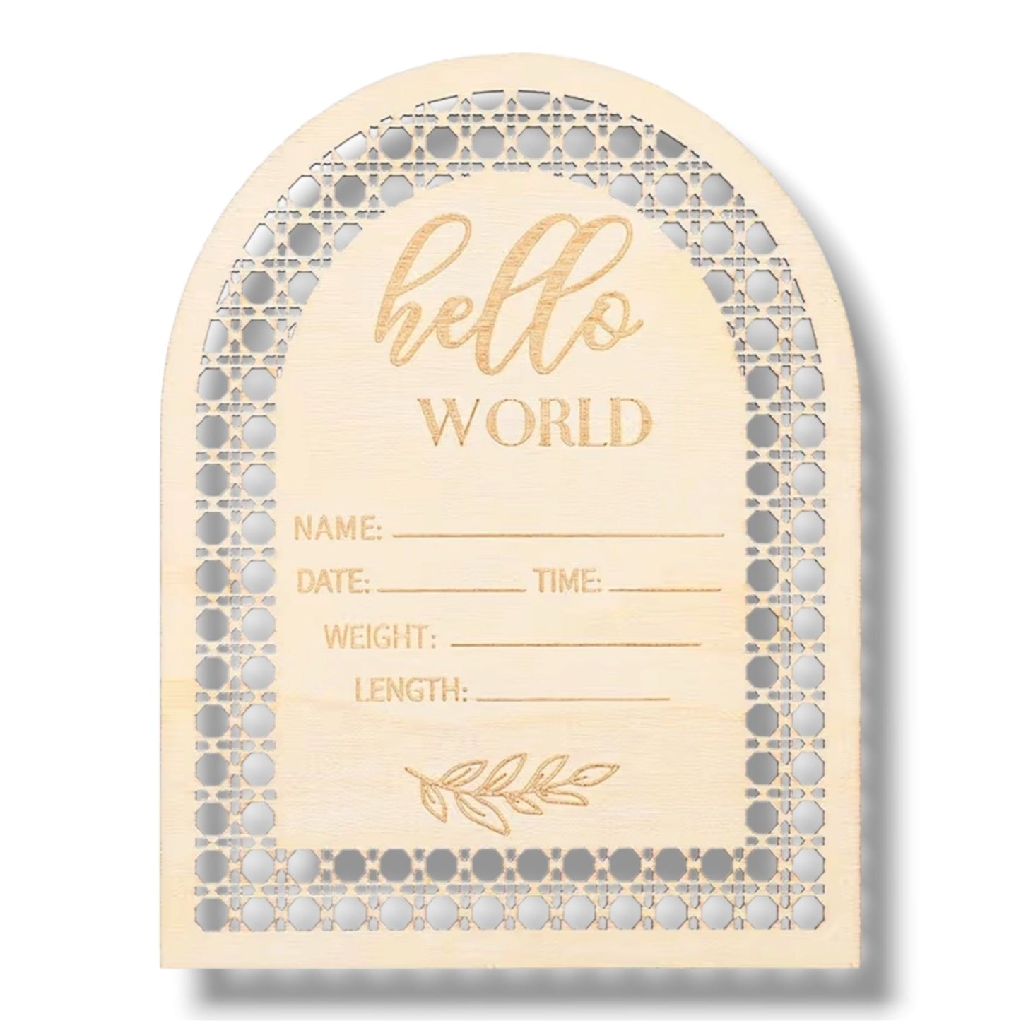 Baby milestone card with 'hello world' text and decorative border on a white background