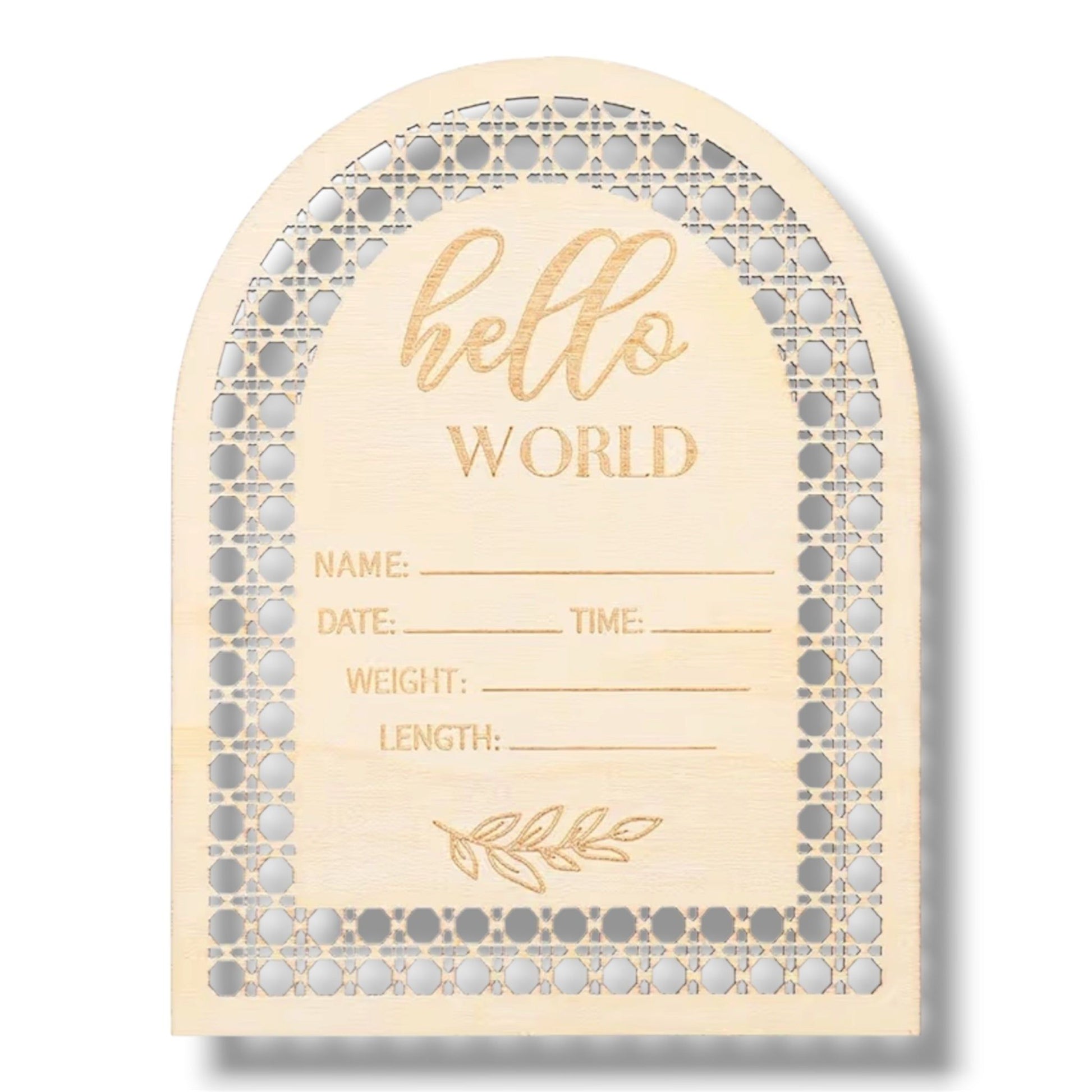 Baby milestone card with 'hello world' text and decorative border on a white background