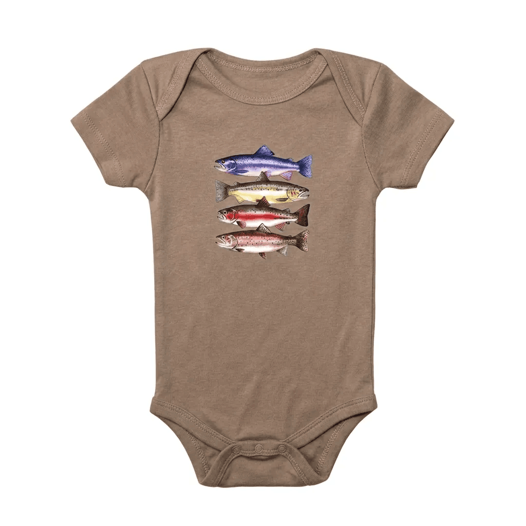 Blue baby onesie with 'CRAWL. WALK. FISH' text and fish illustrations on a white background