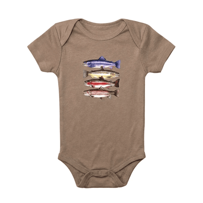 Blue baby onesie with 'CRAWL. WALK. FISH' text and fish illustrations on a white background