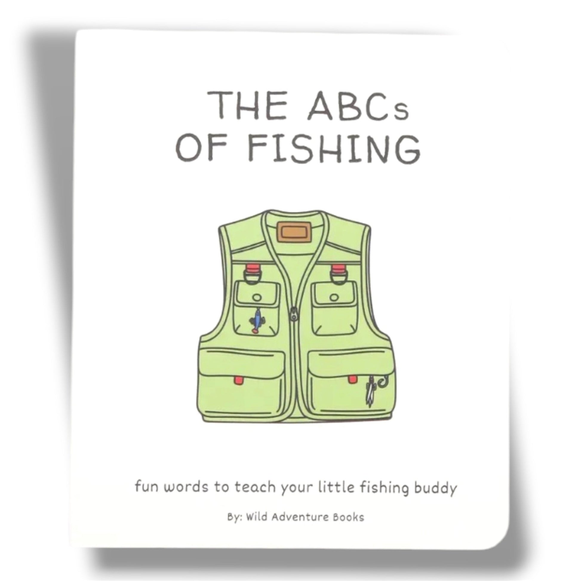 Book titled 'The ABCs of Fishing' with a green fishing vest illustration on a white background.