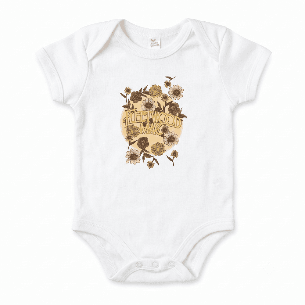 White baby onesie with Fleetwood Mac floral design on a white background
