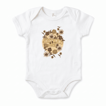 White baby onesie with Fleetwood Mac floral design on a white background