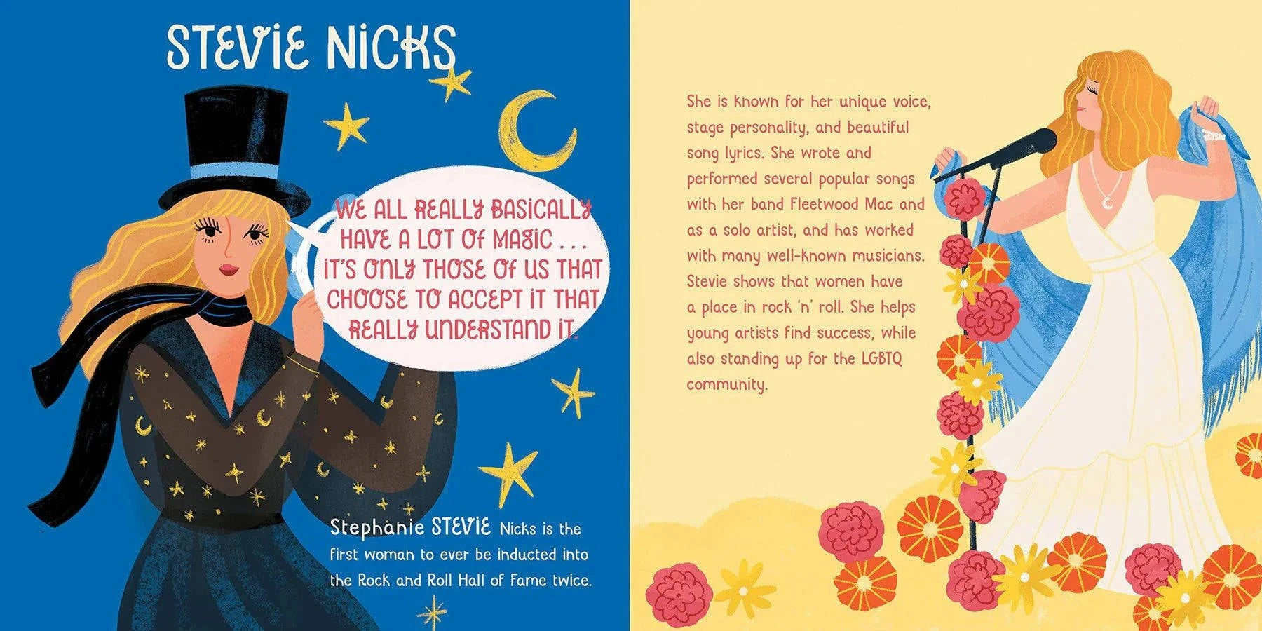Illustrated book page with Stevie Nicks on a blue background and a woman in a white dress on a yellow background.