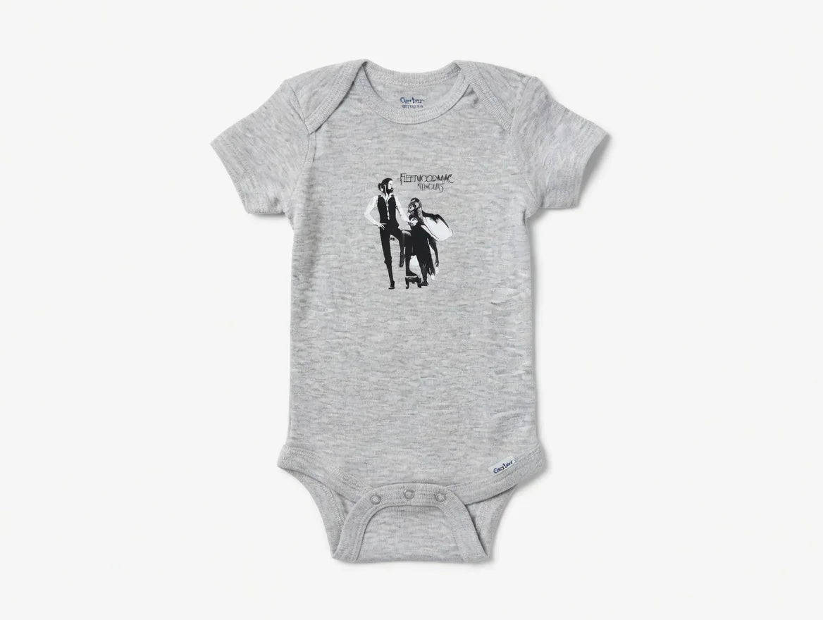 Gray baby onesie with a printed design on a white background