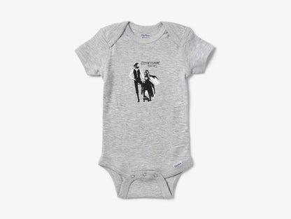 Gray baby onesie with a printed design on a white background