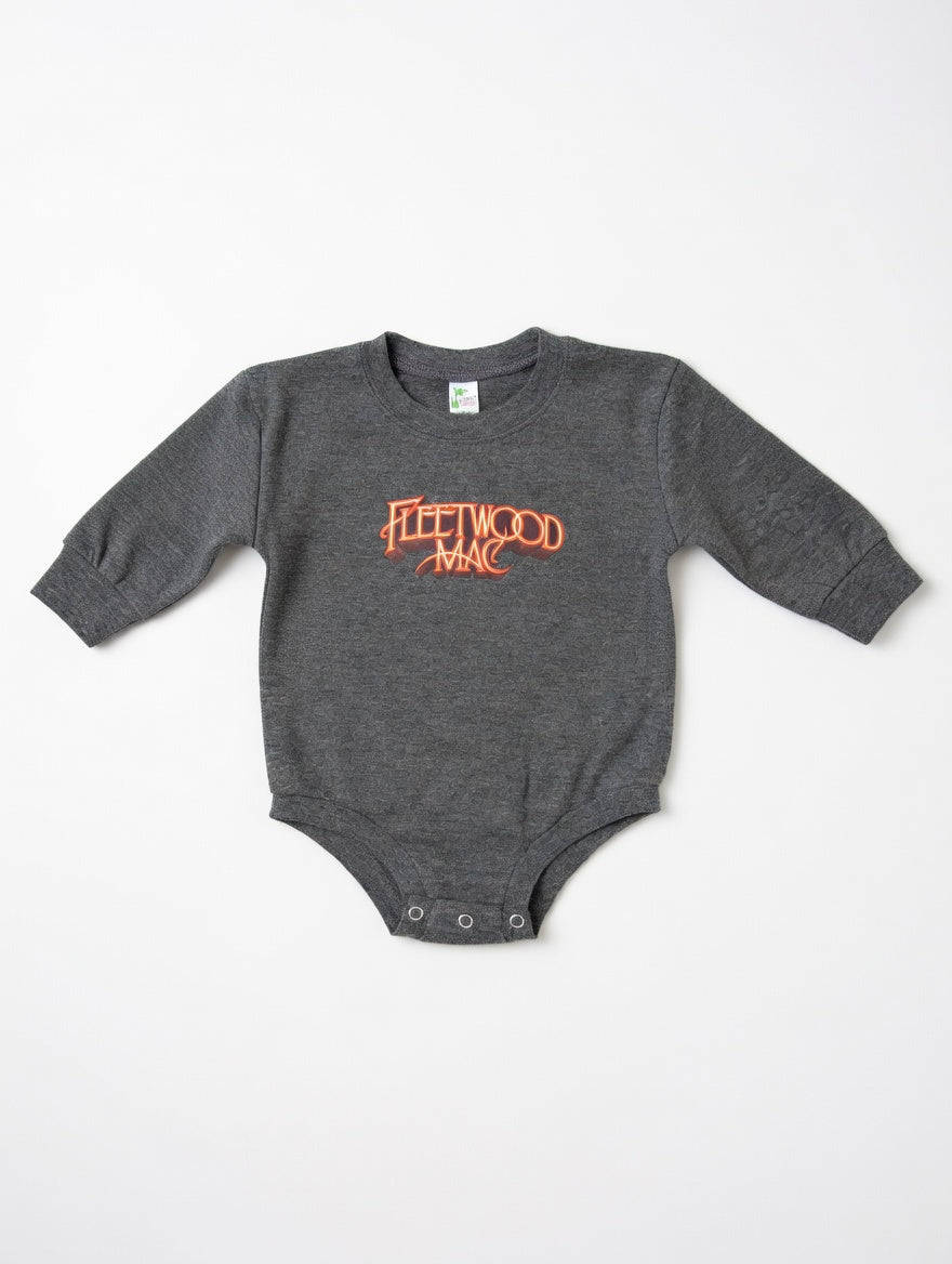 Gray baby onesie with 'Fleetwood Mac' print on a white background