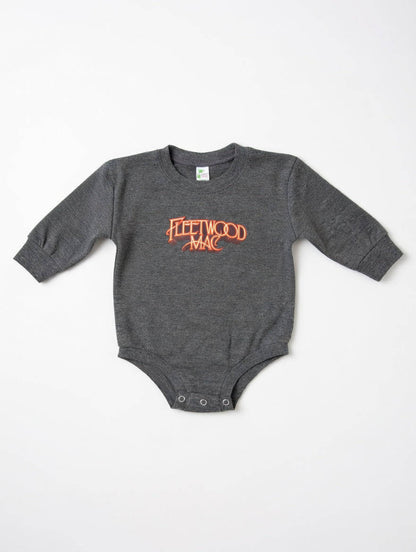 Gray baby onesie with 'Fleetwood Mac' print on a white background