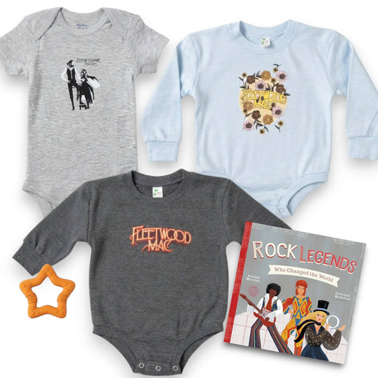 Three baby onesies with different designs and a book titled 'Rock Legends' on a white background.