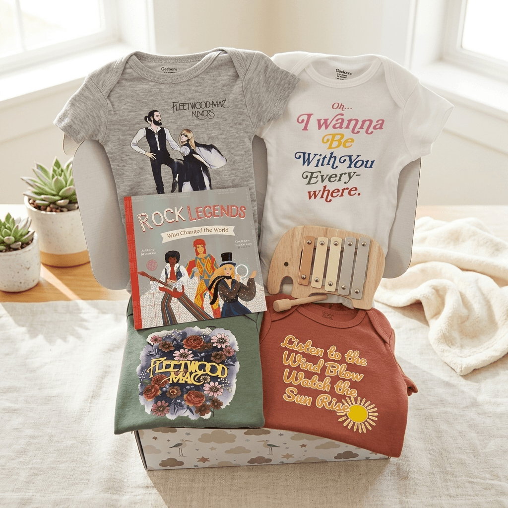 A baby gift set arranged in a box on a light fabric surface near a window. The set includes two baby t-shirts, a book titled 'Rock Legends', a wooden xylophone, a green 'The Little Mermaid Magic' card deck, and a rust-colored t-shirt with a yellow sun graphic and text.