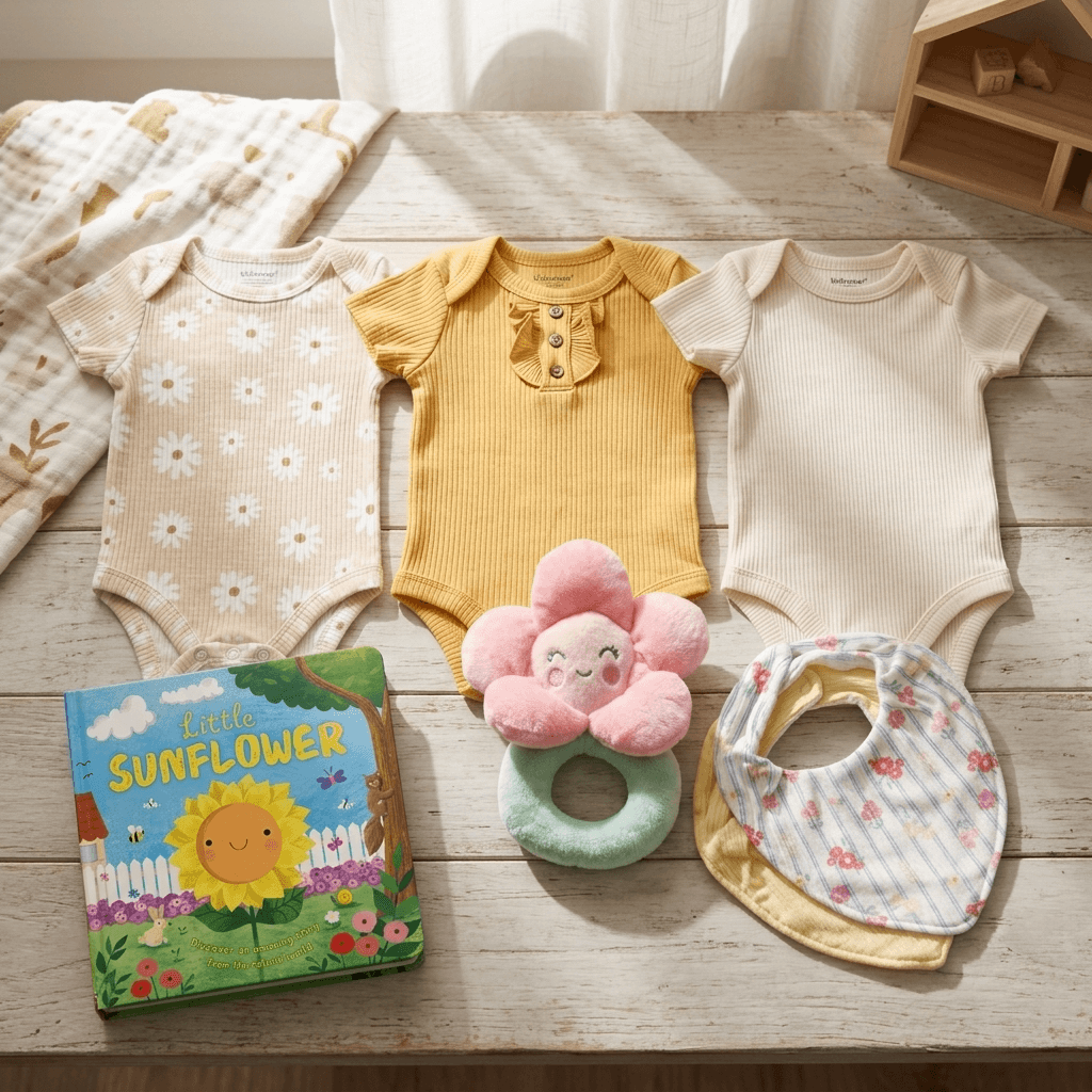 Baby clothing and toys on a wooden surface with a soft white curtain in the background.