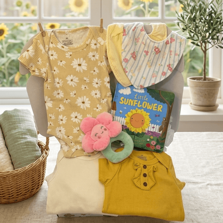 Baby clothing and accessories on a mannequin with a window and sunflowers in the background