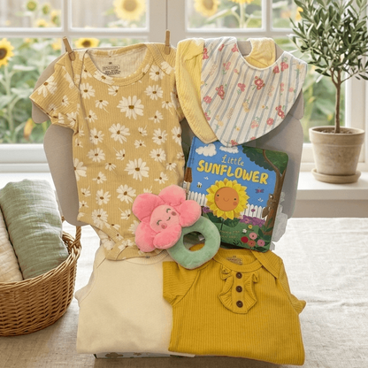 Baby clothing and accessories on a mannequin with a window and sunflowers in the background