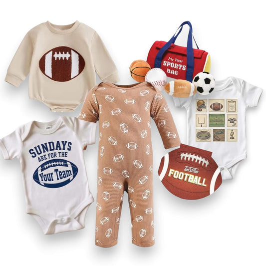 Collection of baby clothing and sports-themed items on a white background