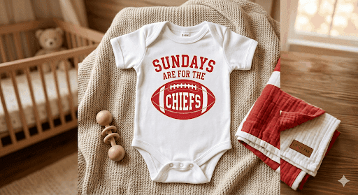 Baby onesie with 'Sundays are for the Chiefs' print on a textured surface with a crib and blanket in the background.