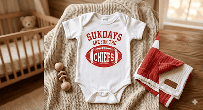 Baby onesie with 'Sundays are for the Chiefs' print on a textured surface with a crib and blanket in the background.