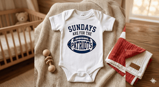 Baby onesie with 'Sundays are for the Patriots' text in a nursery setting
