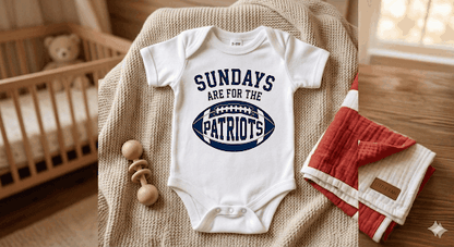 Baby onesie with 'Sundays are for the Patriots' text in a nursery setting