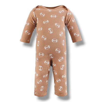 Brown baby onesie with white pattern on a white background