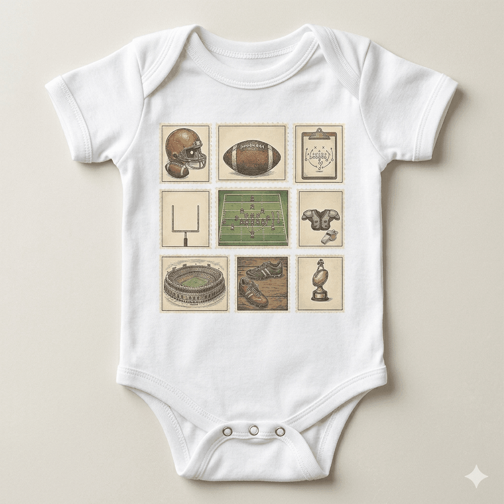 White baby onesie with vintage-style sports graphics on a beige background
