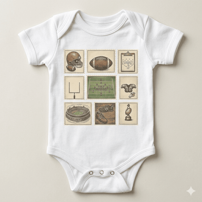 White baby onesie with vintage-style sports graphics on a beige background