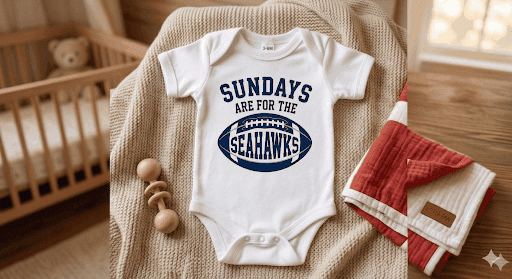 Baby onesie with 'Sundays are for the Seahawks' text on a textured surface with toys in a nursery setting.