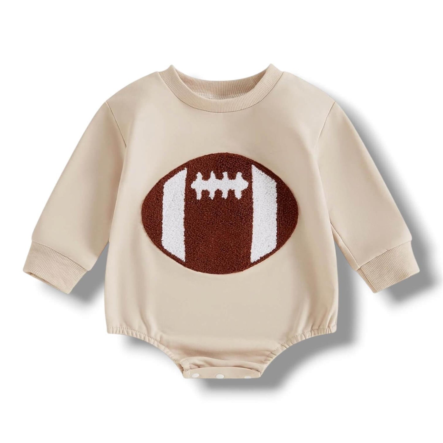 Beige baby romper with football design on a white background