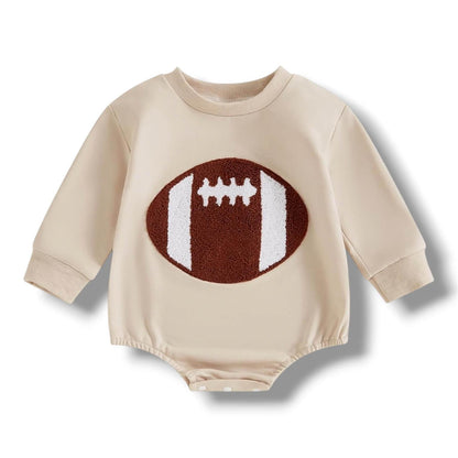 Beige baby romper with football design on a white background