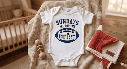 Baby onesie with sports-themed design on a textured surface, with a crib and toys in the background.