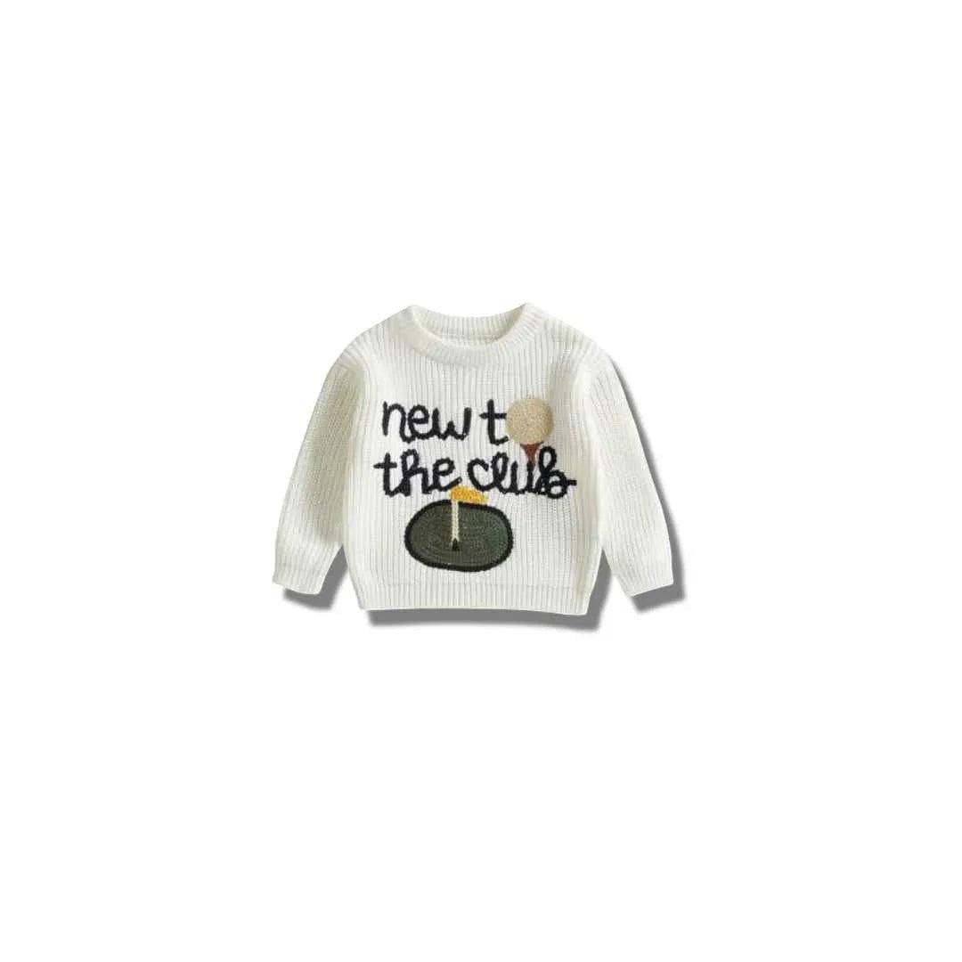 Hey Baby Box white knit sweater with "new to the club" text, golf ball, tee, and flag embroidery.
