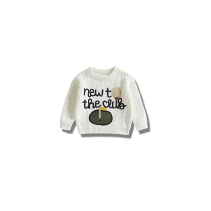 Hey Baby Box white knit sweater with "new to the club" text, golf ball, tee, and flag embroidery.