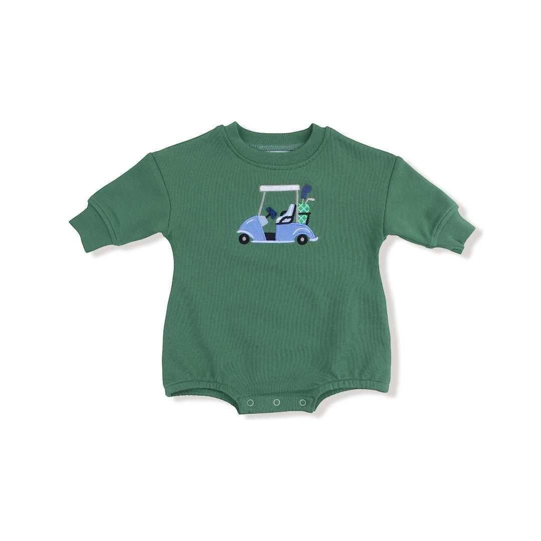 Hey Baby Box green long-sleeve baby romper with a blue golf cart embroidered on the front.