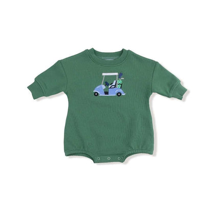Hey Baby Box green long-sleeve baby romper with a blue golf cart embroidered on the front.