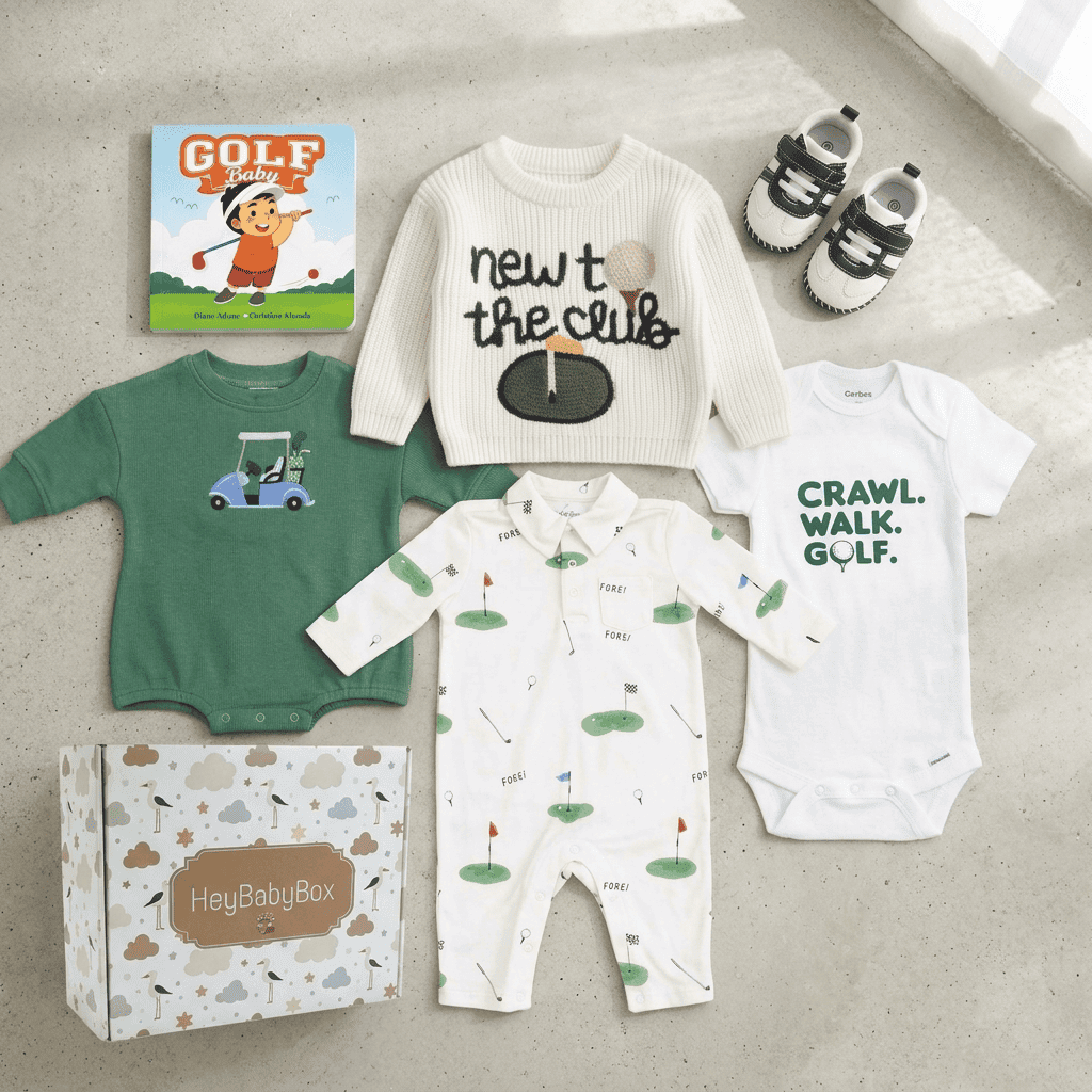 Baby clothing and accessories including sweaters, onesies, and a book on a neutral background.