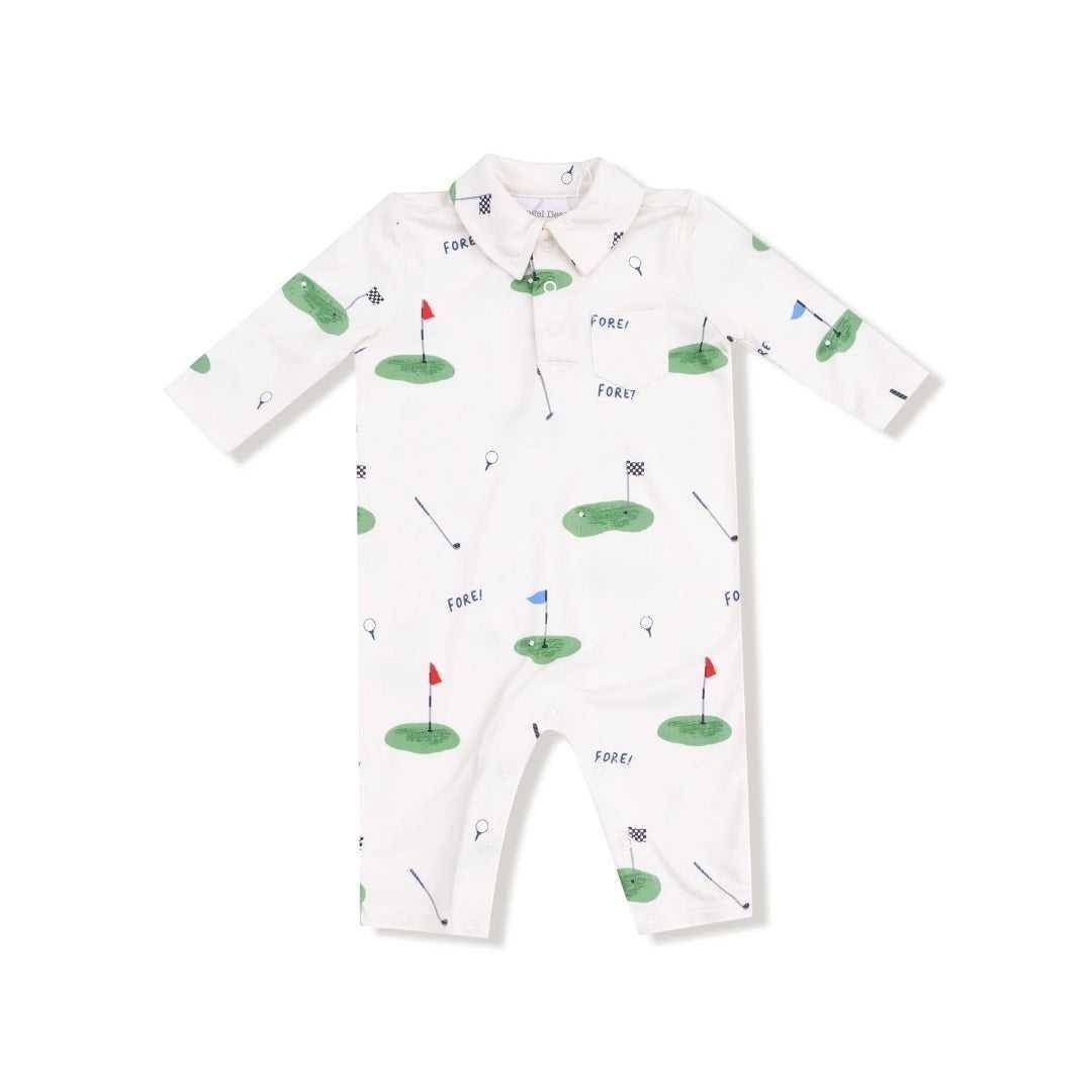 Hey Baby Box white long-sleeve baby romper with a playful golf print featuring golf carts, flags, and the word "FORE!".