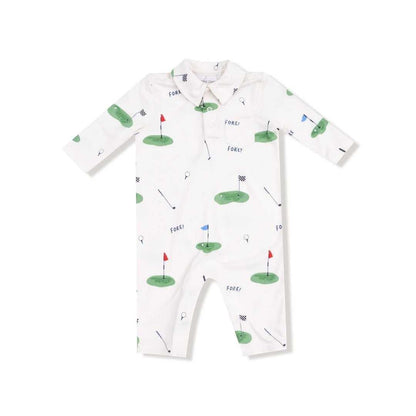 Hey Baby Box white long-sleeve baby romper with a playful golf print featuring golf carts, flags, and the word "FORE!".