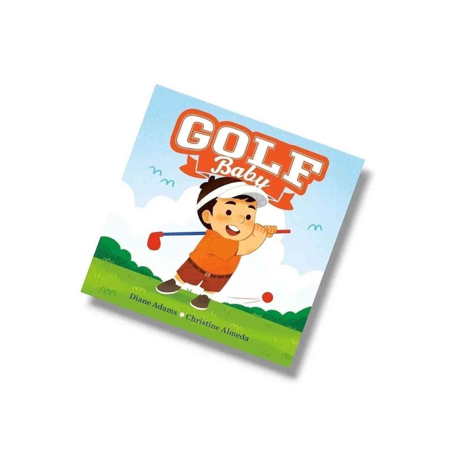 Hey Baby Box Golf Baby board book featuring a cartoon boy swinging a golf club on a green course.