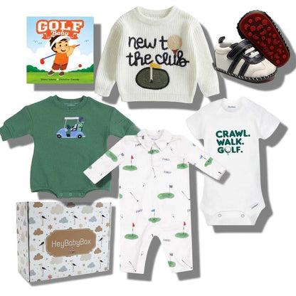 Hey Baby Box Golf Collection baby gift set with sweater, onesies, romper, shoes, and book.