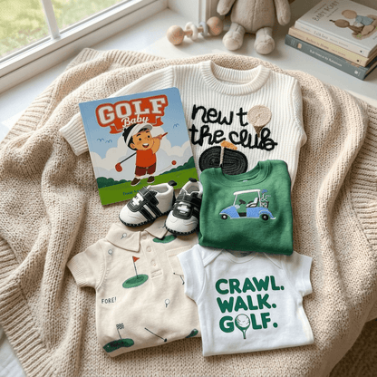 Collection of baby clothing and items with golf-themed designs on a textured surface.