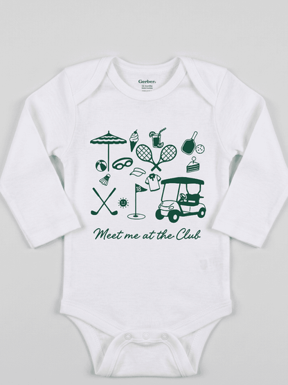 White baby onesie with green golf-themed graphics and text on a light gray background