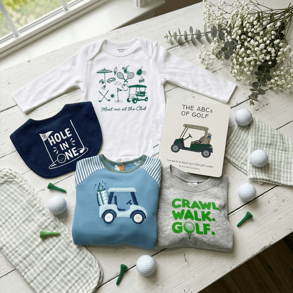 Children's clothing and accessories with golf-themed designs on a wooden surface.