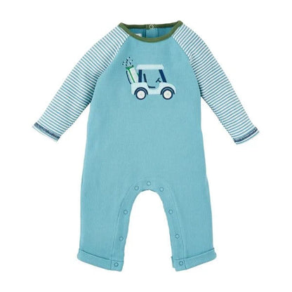 Blue baby romper with striped sleeves and golf cart design on a white background
