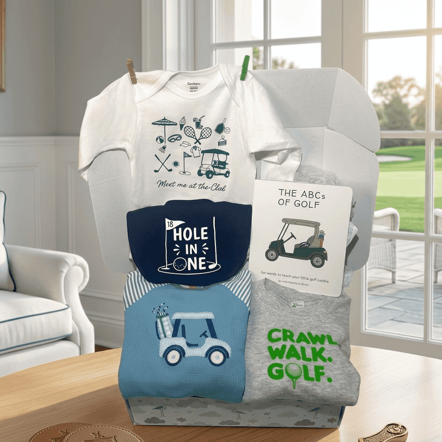 Collection of golf-themed baby clothing and accessories on a stand with a golf course view outside.
