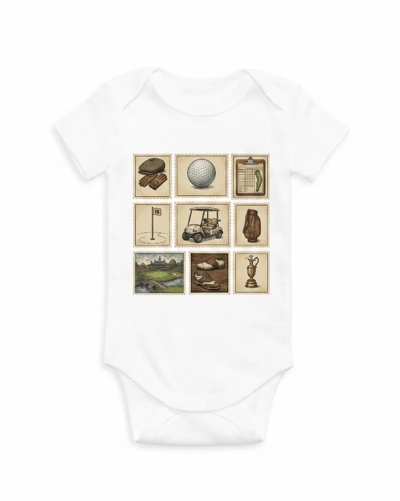 White baby onesie with vintage golf-themed graphic on a white background