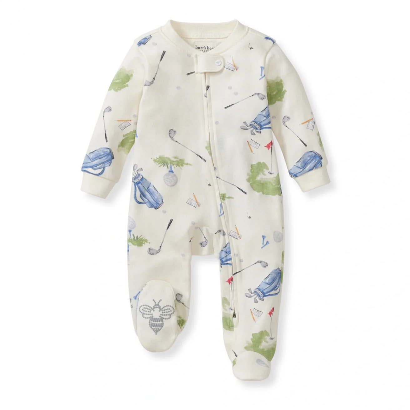 Baby onesie with golf-themed print on a white background